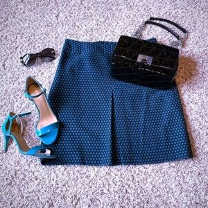 LOFT Teal Blue and Black Geometric Print Fully Lined kick pleat Skirt